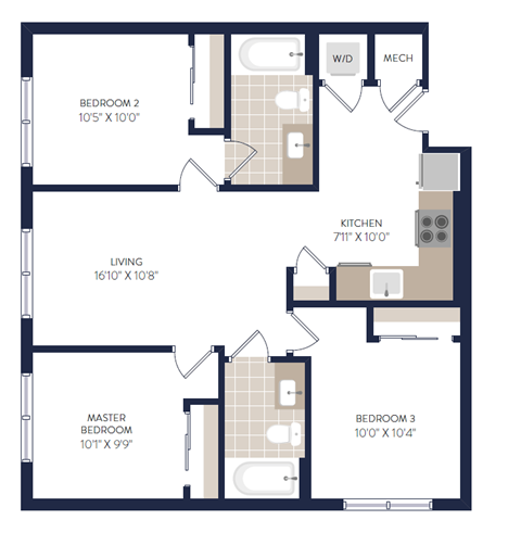 Floor plan for 3 beds, 2 baths, 880 sqft